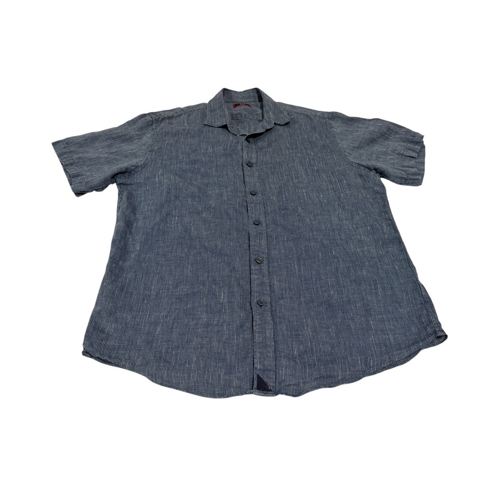Untuckit Linen Button Up Shirt Men Medium Blue Pinstripe Short Sleeve 100% Linen